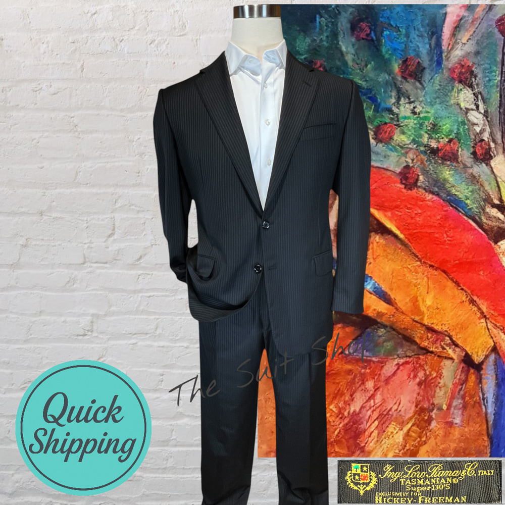 Hickey Freeman Mens 40R 34x31 Dark Gray Micro-Stripe Suit Worsted Wool S 130s